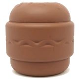 The $10 CLEARANCE Soda Pup HAMBURGER Chew Toy & Treat Dispenser by Your Whole Dog is a round, brown toy with a wavy line around its middle, resembling a hamburger bun.