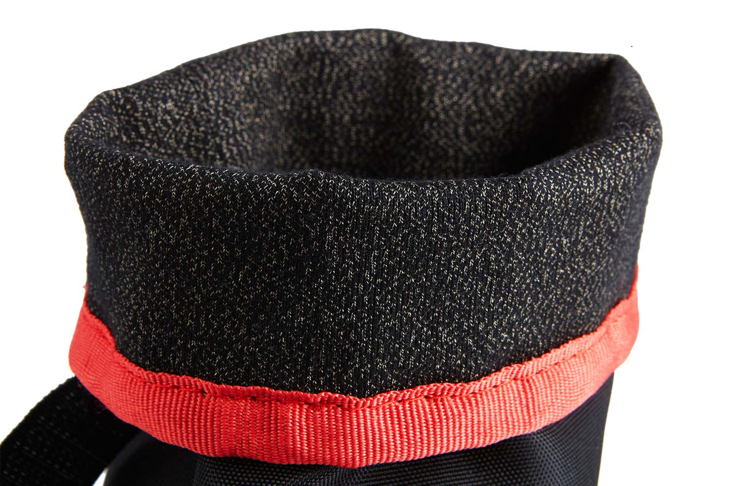 Close-up of the MediPaw Healing Slim Boot by Your Whole Dog, showcasing a black fabric exterior with a red trim at the top opening, and featuring an antimicrobial lining for enhanced protection.