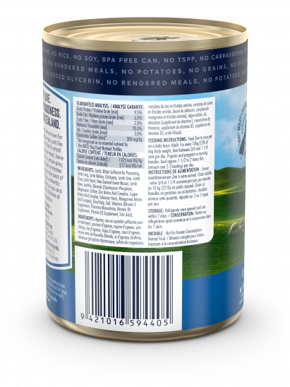 A can of ZIWI Peak Canned Lamb Recipe for Dogs features nutritional details and an ingredients list with ethically raised lamb. The blue label with a vibrant green landscape underscores its quality as a premium single protein food option.