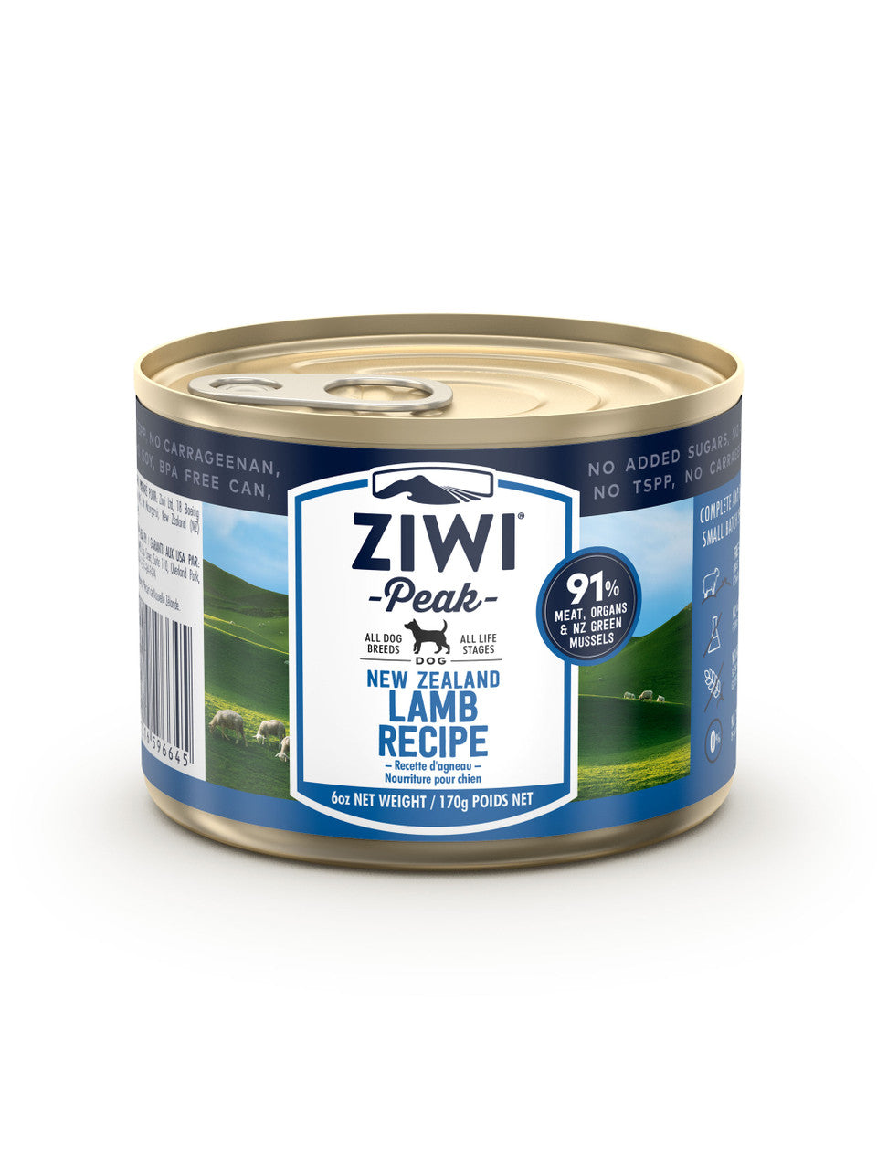 A 170g can of Ziwi Peak Canned Lamb Recipe for Dogs features single protein food with 91% meat content from ethically raised lamb, without added sugars or preservatives.