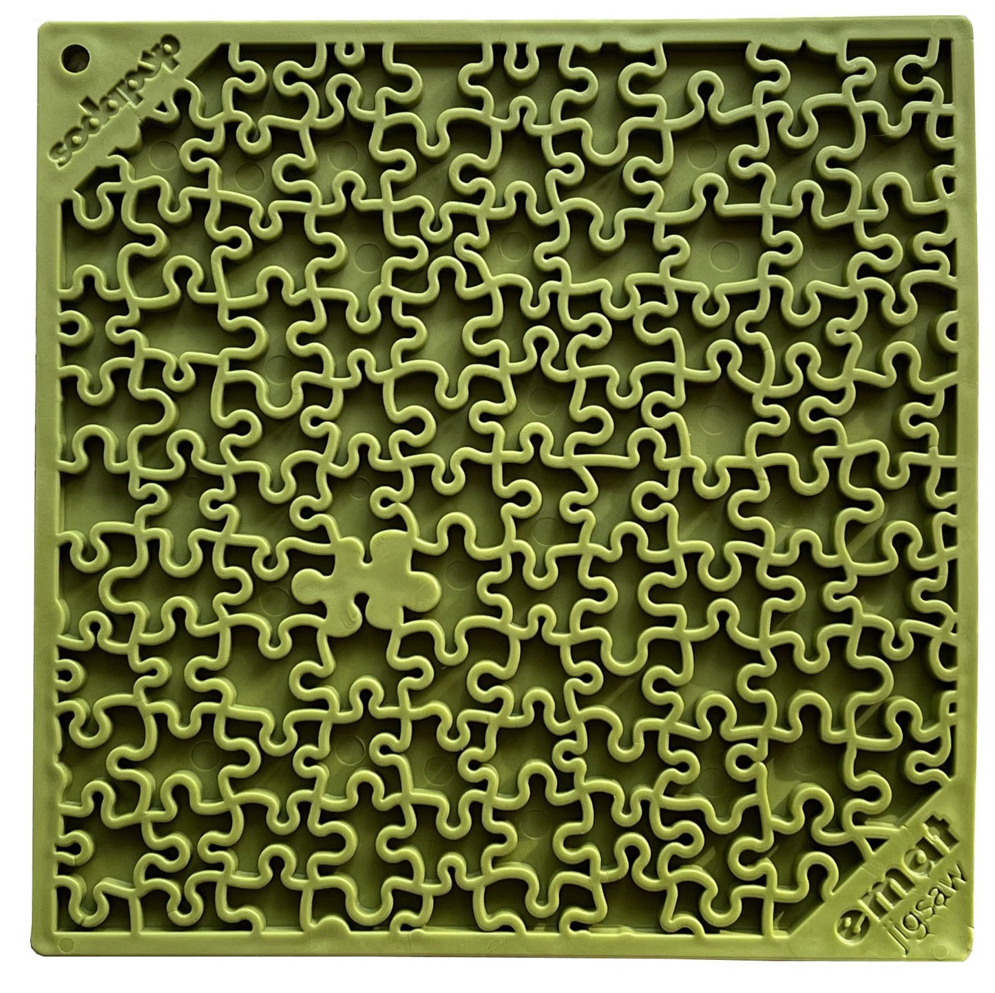 A green jigsaw puzzle design that resembles the abstract pattern of the Soda Pup EMAT Enrichment Licking Mat, with a piece missing near the center that invites curiosity and exploration.