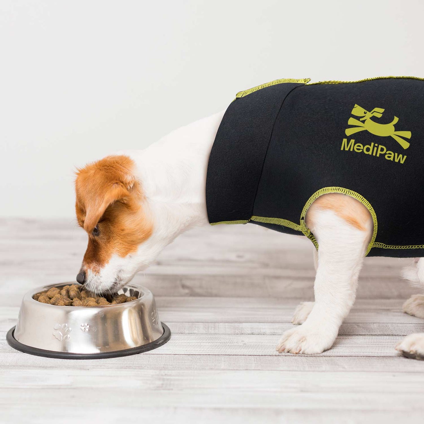 A dog in a black **MediPaw Protective/Surgical Dog Suit** by **Your Whole Dog**, a dog-friendly alternative, eats from a bowl on the floor.