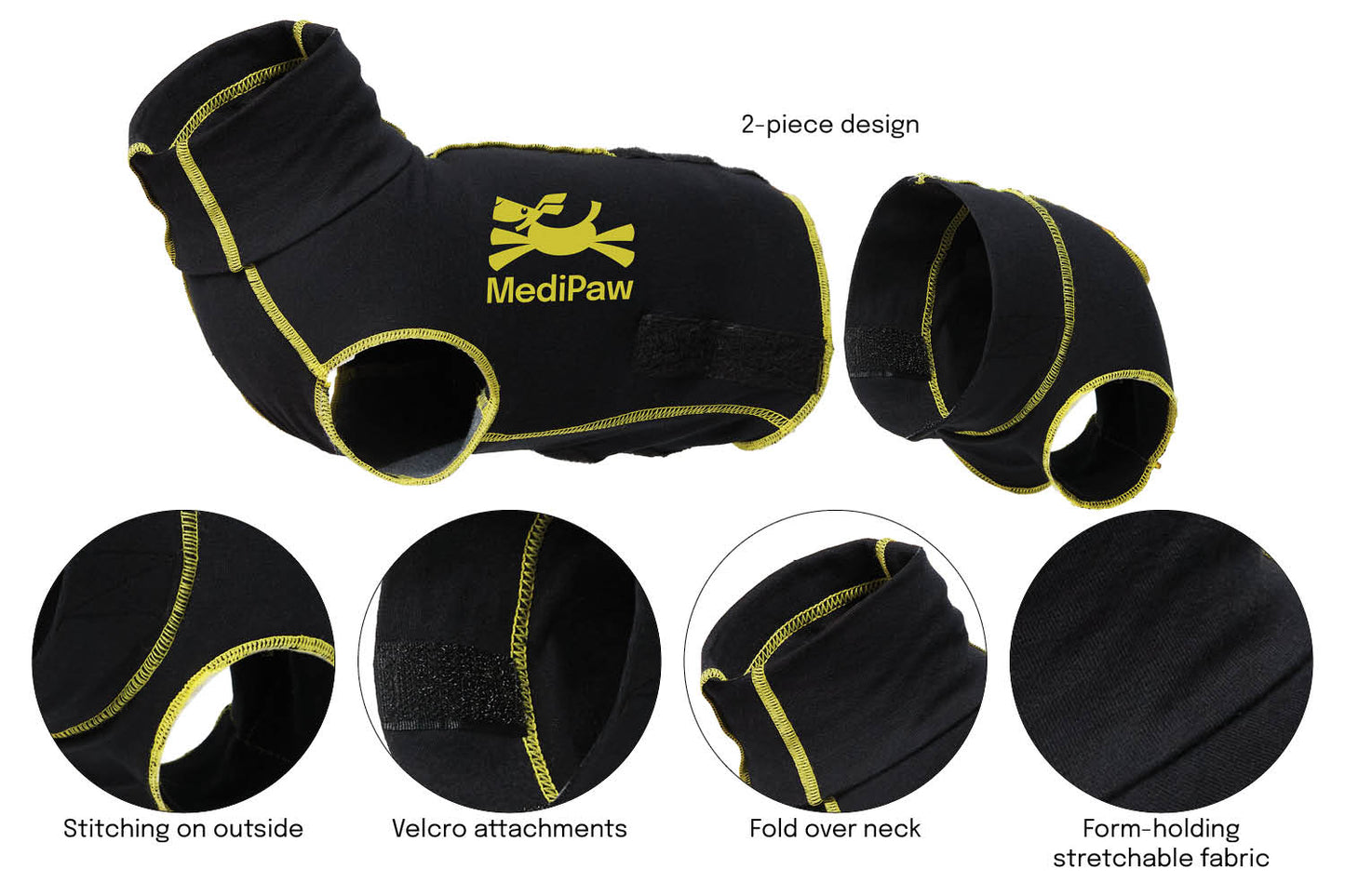 The MediPaw Protective/Surgical Dog Suit by Your Whole Dog provides a dog-friendly solution with its 2-piece design in black and yellow. It features external stitching, Velcro attachments, a fold-over neck, and form-holding stretchable fabric to ensure optimal comfort and protection.