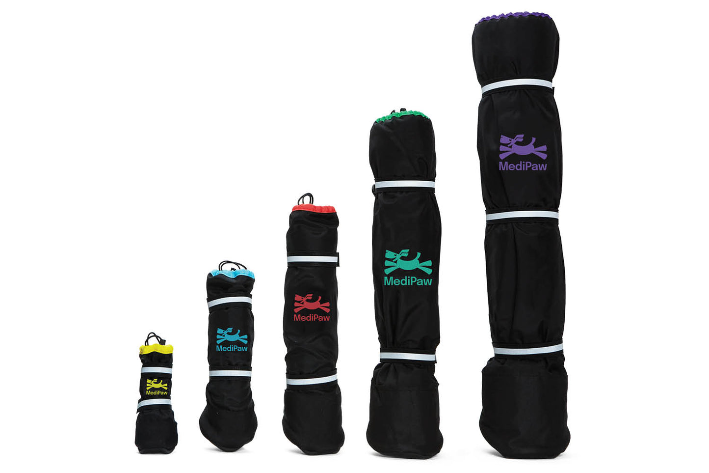 Five MediPaw Healing Slim Boots from Your Whole Dog are available in ascending sizes and feature a colorful trim and logo. They offer outstanding wound protection with an antimicrobial lining, all while maintaining an upright position.