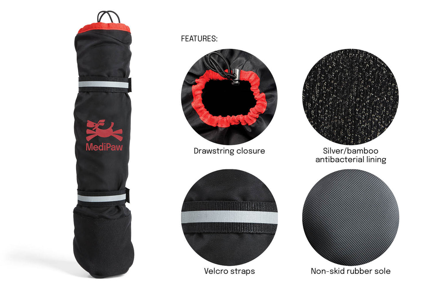 The MediPaw Healing Slim Boot by Your Whole Dog is an elongated black boot featuring a drawstring closure, silver/bamboo antimicrobial lining, Velcro straps, and a non-skid rubber sole for wound protection. The boot also includes the brand's logo; detailed views are available on the right.