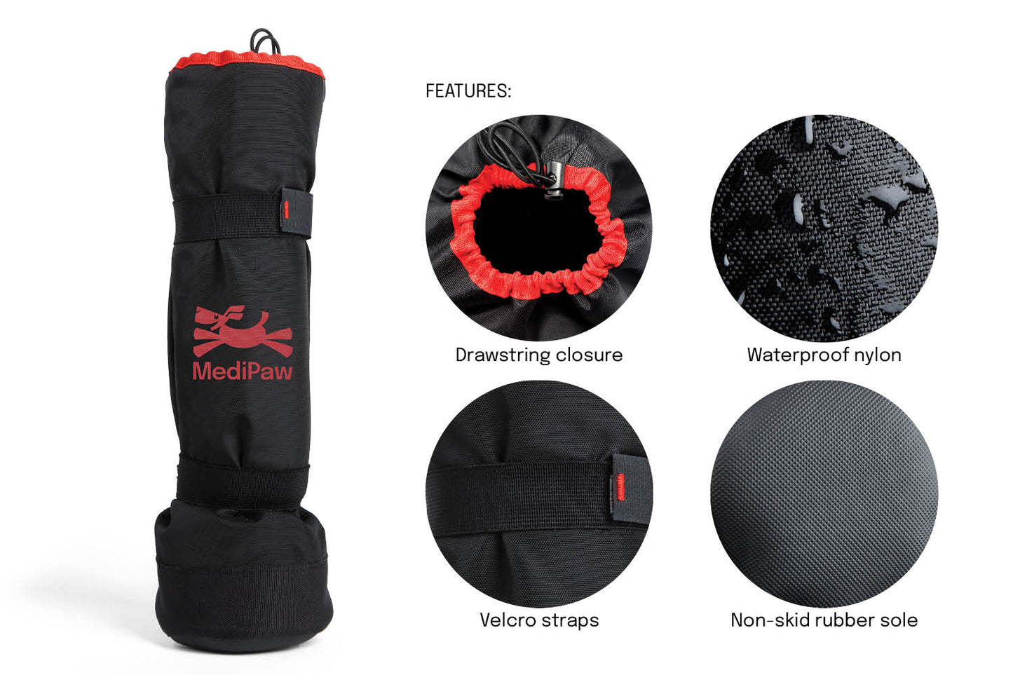 The Your Whole Dog MediPaw Soft Bandage (Basic) Boot offers a protective design with a waterproof nylon shell, drawstring closure, Velcro straps, and a non-skid rubber sole for optimal protection of your dog's legs.