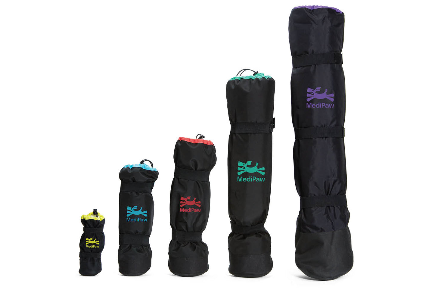 Five stylish black MediPaw Soft Bandage (Basic) Boots from Your Whole Dog, each adorned with an embroidered logo, are organized from smallest to largest. These boots offer a waterproof nylon shell, providing durability and protection in all conditions.