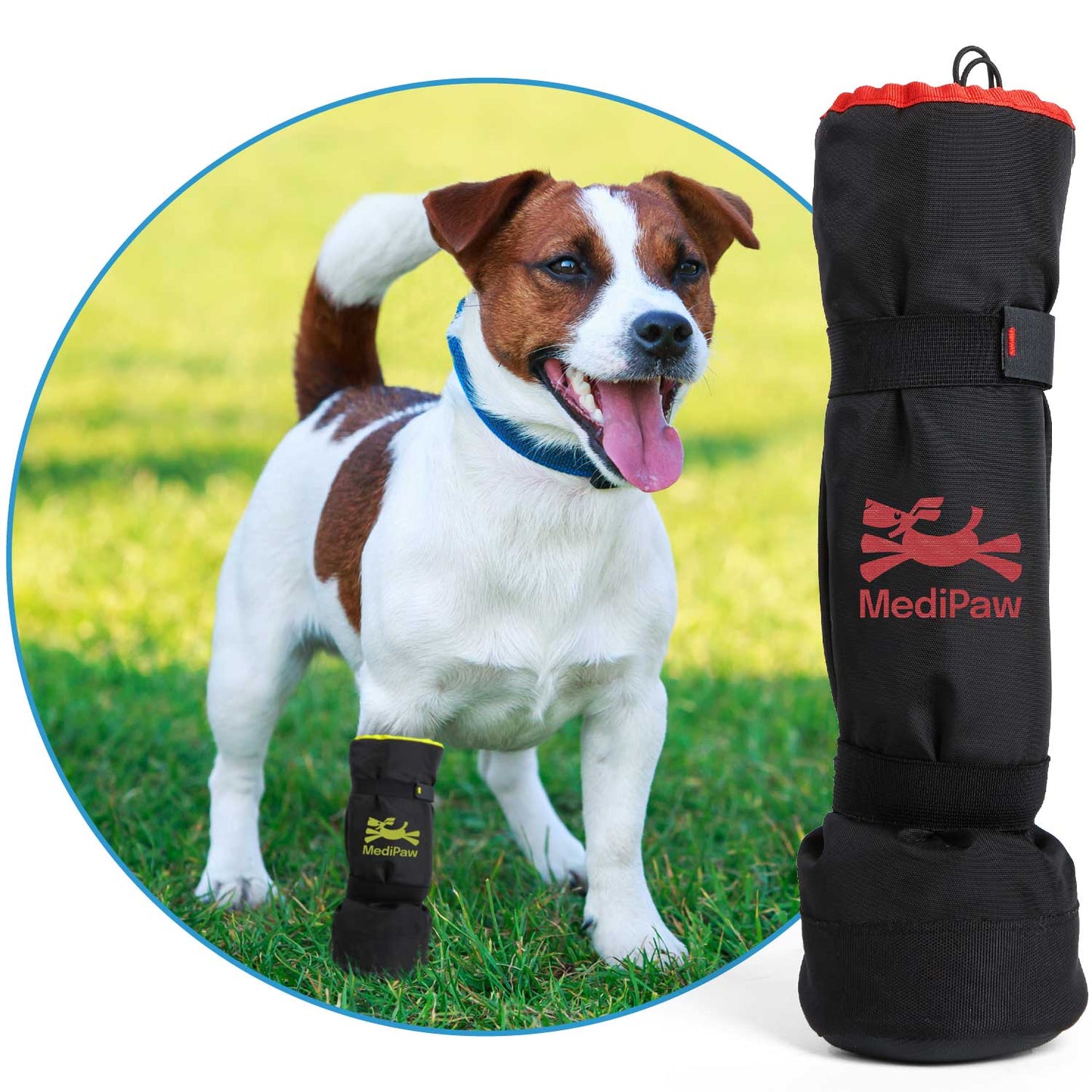 A dog stands on the grass with a black MediPaw Soft Bandage (Basic) Boot from Your Whole Dog on one leg, situated next to an enlarged image of MediPaw boots featuring a waterproof nylon shell.