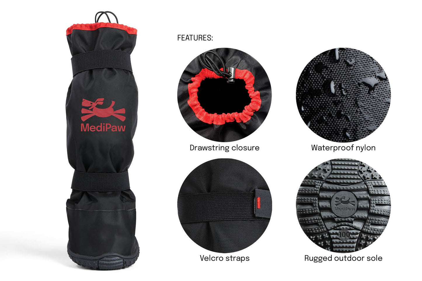 Introducing the MediPaw Rugged X-Boot: Black pet boots with red accents, crafted from waterproof nylon, featuring a drawstring closure, Velcro straps, and durable outdoor soles for top-notch paw protection.
