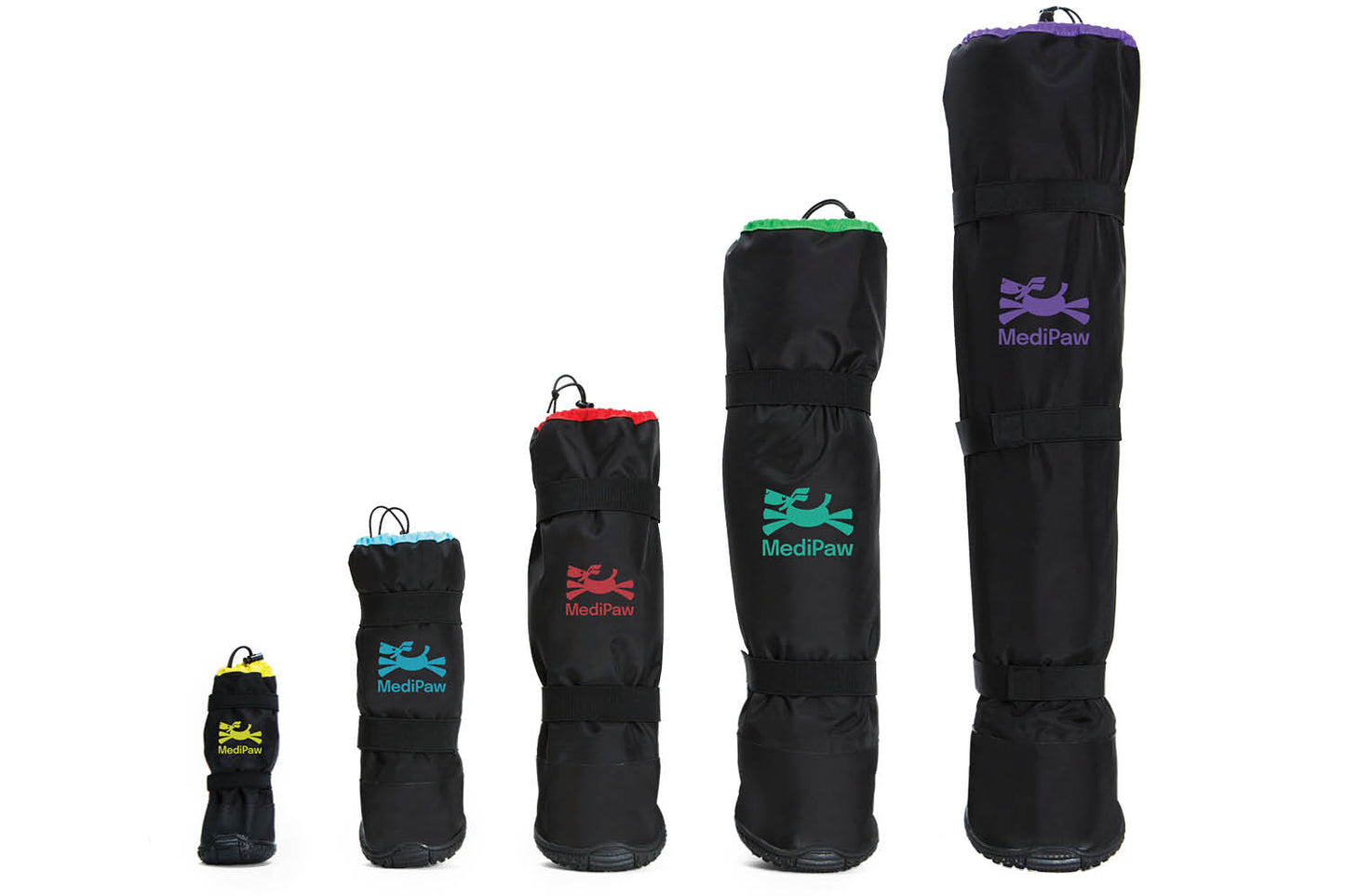 Five black MediPaw Rugged X-Boots of different sizes, from smallest to largest, with vibrant trim and logos, are displayed on a white background. These trendy boots provide outstanding protection and comfort for your pets' paws.