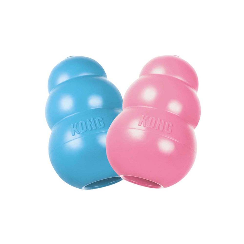 Two SALE: KONG Classic Puppy dog toys from Your Whole Dog, one in blue and one in pink, are displayed side by side against a white background. These toys are designed to promote appropriate chewing behavior and comfort puppy teeth and gums.