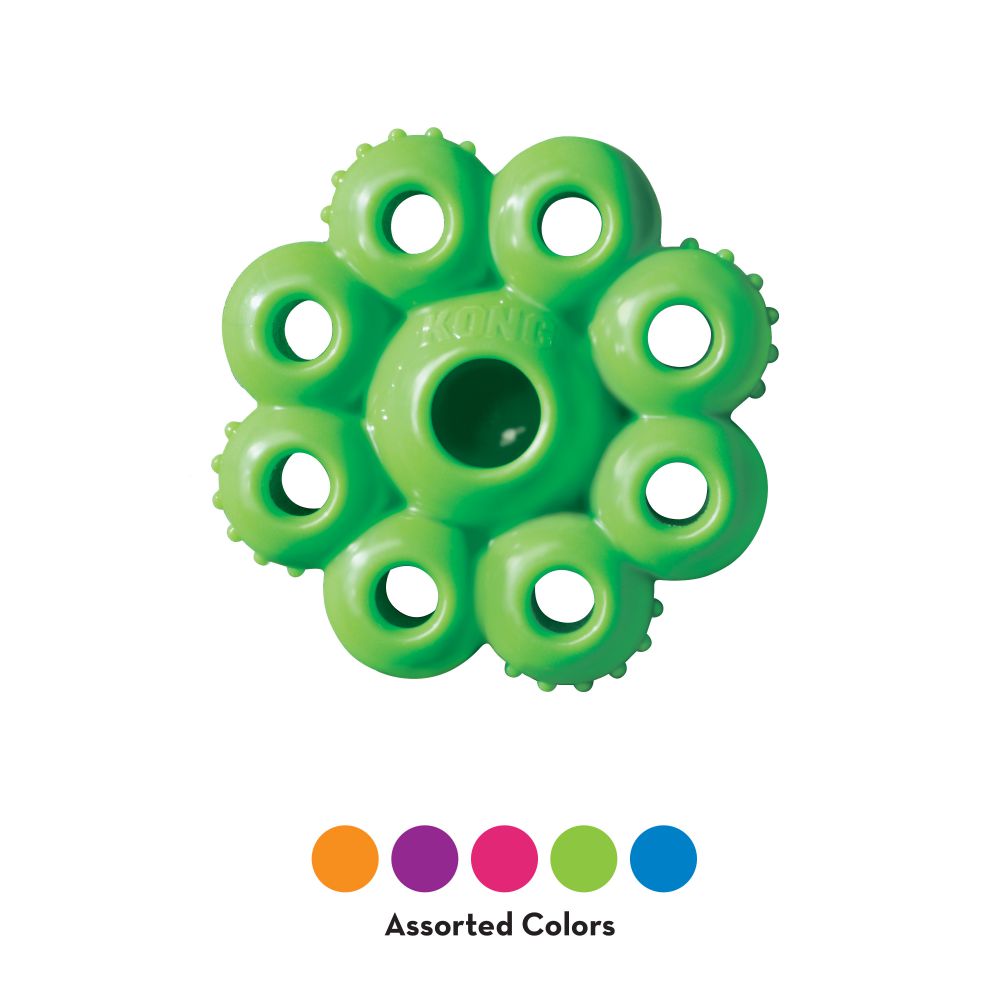 The KONG Quest Star Pod is a green dog chew toy designed to look like a flower with nine circular holes. It promotes natural foraging behaviors and is ideal for light chewers. Text says "Assorted Colors" with six color circles, and it's part of the KONG Quest toys collection.