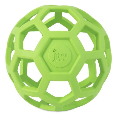 The JW Hol-ee Roller, a dog toy by Your Whole Dog, is a green rubber lattice ball with hexagonal openings and features the "jw" logo at its center.