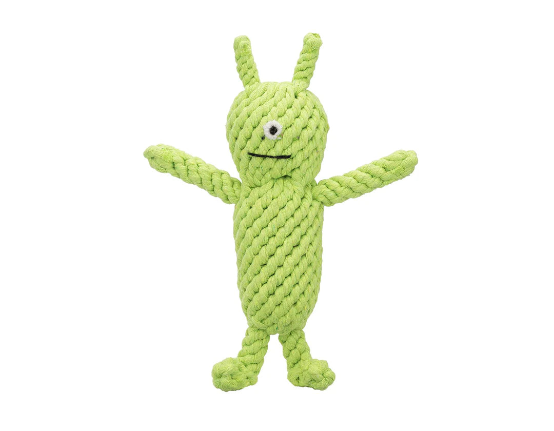 A green, textured toy shaped like a creature with two antennae, outstretched arms, and small legs, perfect for playful pups. Made from biodegradable rope, this Jax & Bones: Norman the Alien 10" Rope Toy from Your Whole Dog also helps clean teeth like doggie dental floss.
