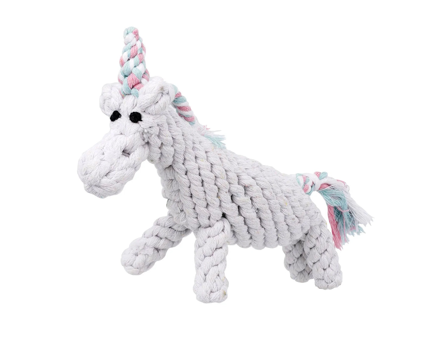 The Jax & Bones Unicorn 8" Rope Toy by Jax & Bones - Rope Toys is a whimsical piece crafted from all-natural cotton, featuring a pastel braided horn and tail made with non-toxic vegetable dyes. Black stitched eyes add charm to its plain white background.