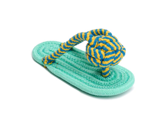 The Jax & Bones Flip Flop (Jandal!) 9" Rope Toy by Jax & Bones - Rope Toys is a green dog toy shaped like a sandal with blue and yellow knotted cotton straps, shown on a white background.
