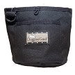 The Doggone Good Trek-n-Train Treat Pouch by Your Whole Dog is a stylish black bucket-style bag, ideal for use as a bait bag for dog training, and it includes a convenient front pocket along with a centered label displaying text.