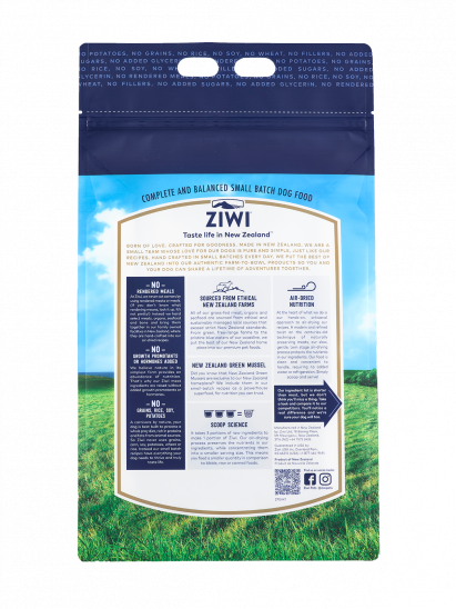 The ZIWI Peak Air-Dried Beef Recipe for Dogs bag showcases product details and nutritional info, emphasizing ingredients like free-range beef from New Zealand farms. Ideal as a premium dog training treat.