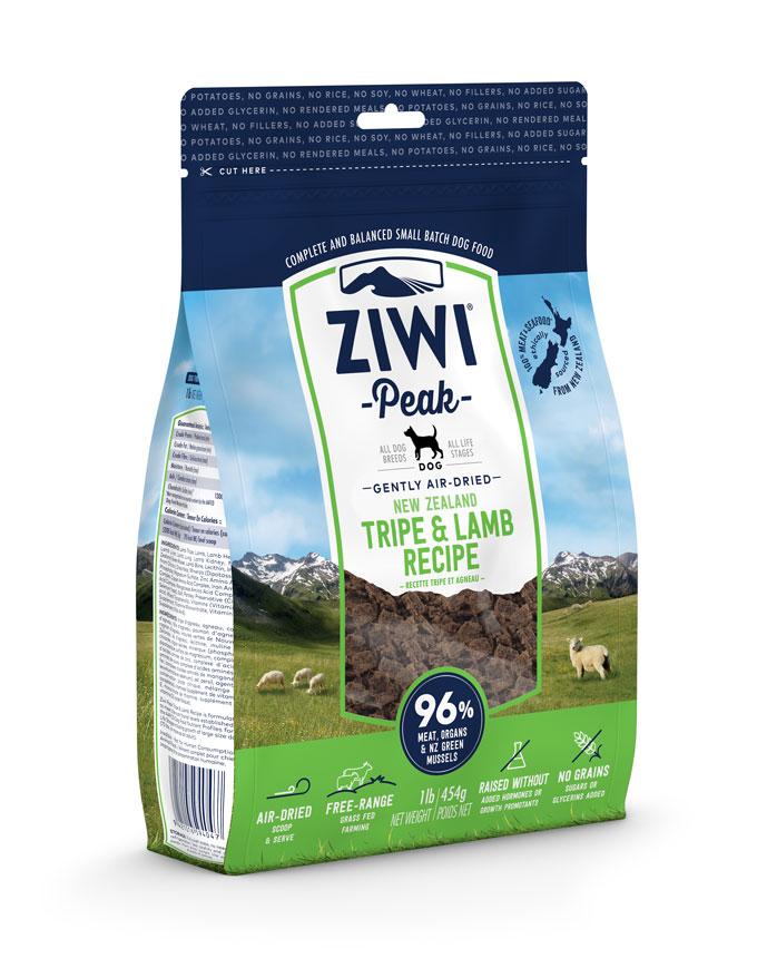 The ZIWI Peak Air-Dried Tripe & Lamb Recipe for Dogs features scenic packaging with lambs and mountains, highlighting its single-protein, high-value training treat benefits and essential nutritional info for optimal canine health.