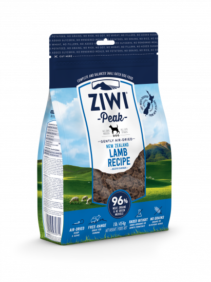 The packaging of ZIWI Peak Air-Dried Lamb Recipe for Dogs features a blue and green design, highlighting its New Zealand lamb content, high meat percentage, natural ingredients, and absence of added hormones, ensuring an ideal single protein option for your dog's health.