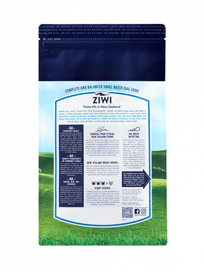 Explore Ziwi Peak Air-Dried Lamb Recipe for Dogs. Crafted with premium New Zealand lamb, it provides a single protein source for your pet. Nutritional info and essential ingredients are highlighted on its vibrant blue and green nature-themed packaging.