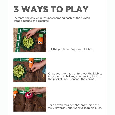 Three images demonstrating the use of the "Nina Ottosson: Interactive Snuffle Activity Puzzle Mat" by Your Whole Dog for dog enrichment: filling pockets on the mat with kibble, hiding kibble in various compartments and beneath flaps, and placing treats in hidden hook-and-loop closure pockets to provide mental exercise.