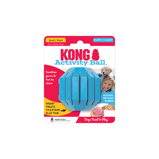 Image of Your Whole Dog CLEARANCE: KONG Puppy Activity Ball packaging. The packaging indicates it soothes gums, is fun to chew, and can hold treats. The teething toy is designed for small dogs (up to 20 lbs) to encourage healthy chewing behavior.