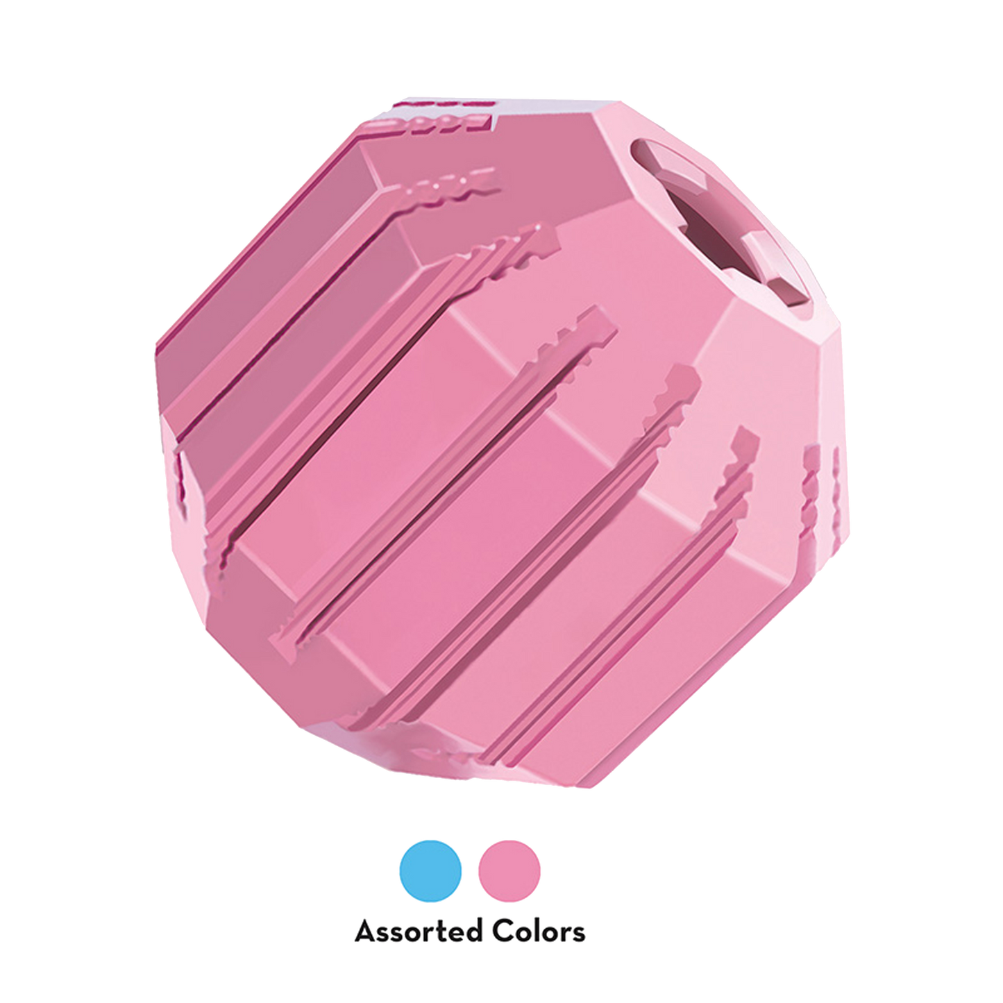 A pink plastic SALE: KONG Puppy Activity Ball with the words 'assembled colors' by Your Whole Dog.