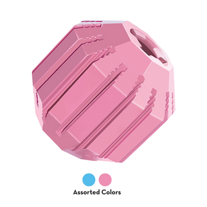A pink plastic SALE: KONG Puppy Activity Ball with the words 'assembled colors' by Your Whole Dog.