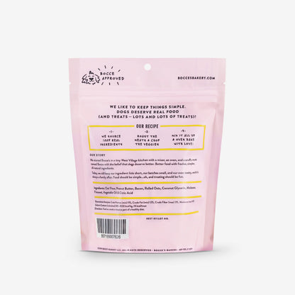 A pink package with wheat-free text containing Bocce's Bakery: Bac'n Nutty Soft & Chewy Treats (6oz/170g) by Your Whole Dog.