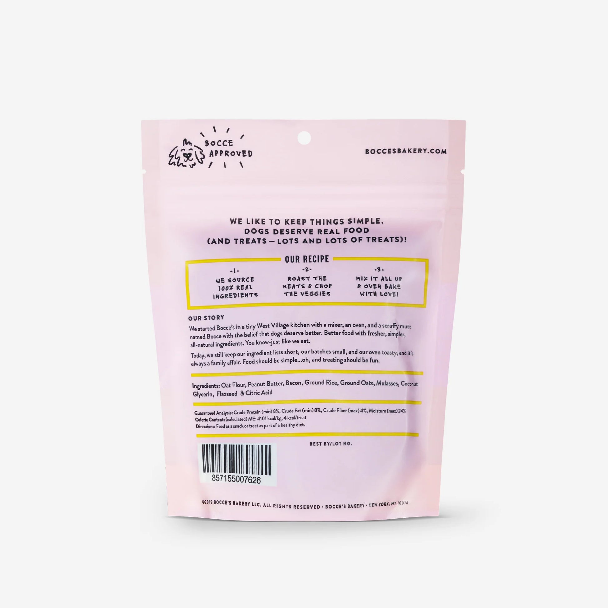 A pink pouch labeled "Bocce's Bakery: Bac'n Nutty Training Bites" from Your Whole Dog.