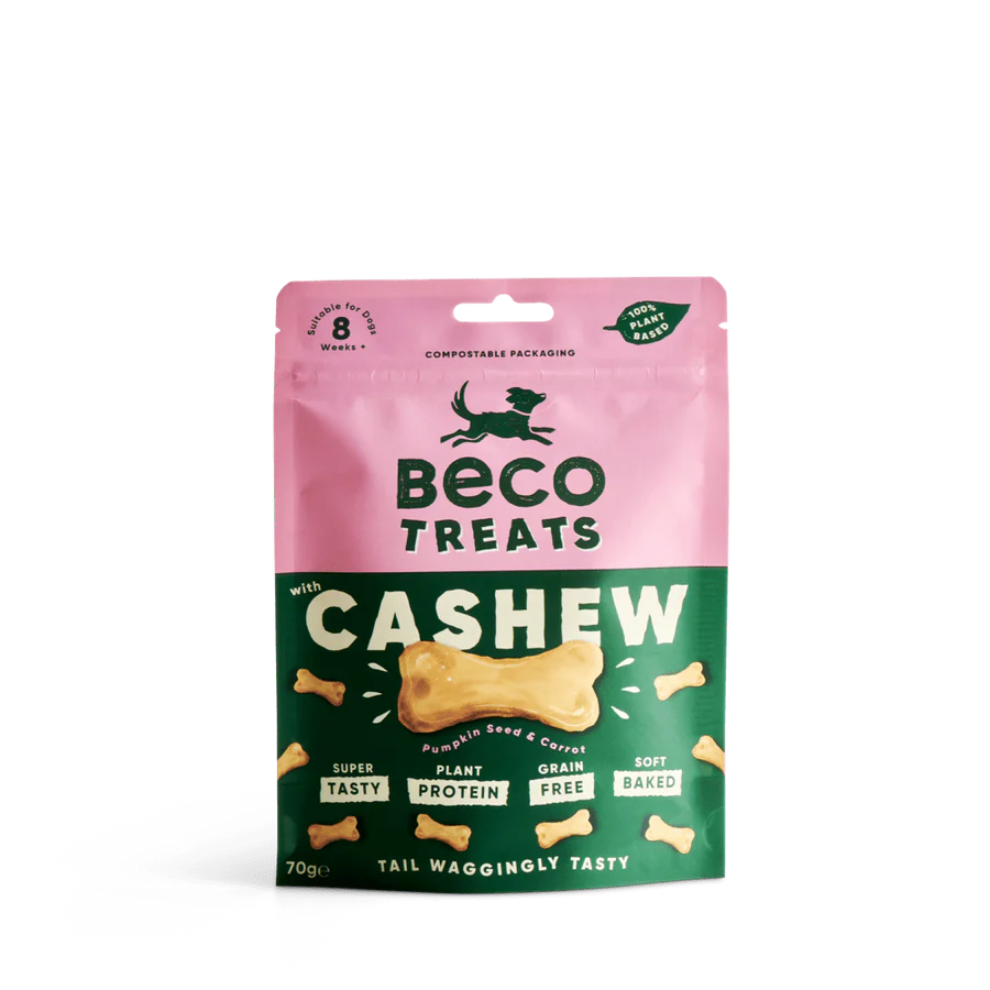 A pink and green resealable pouch of Your Whole Dog Beco Pets Cashew Dog Treats with Pumpkin Seed & Carrot, grain-free, in compostable packaging, soft-baked for dogs.