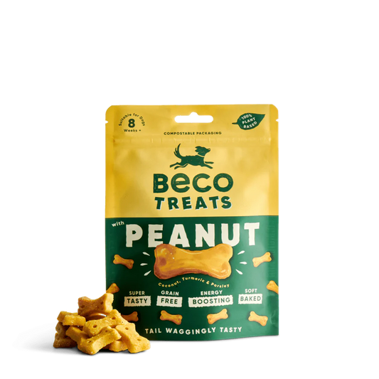 A pack of Beco Pets Peanut Dog Treats with Coconut & Turmeric stands upright, with bone-shaped treats in front. The Beco packaging highlights features like grain-free and energy boosting.