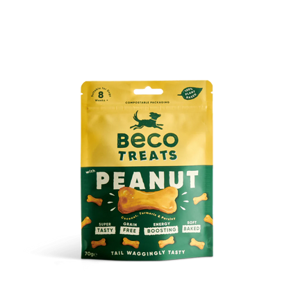 A yellow and green pack of Beco Pets Peanut Dog Treats with Coconut & Turmeric, featuring a bone-shaped treat. Plant-based and grain-free, these Beco snacks are energy-boosting and perfect for your pup.