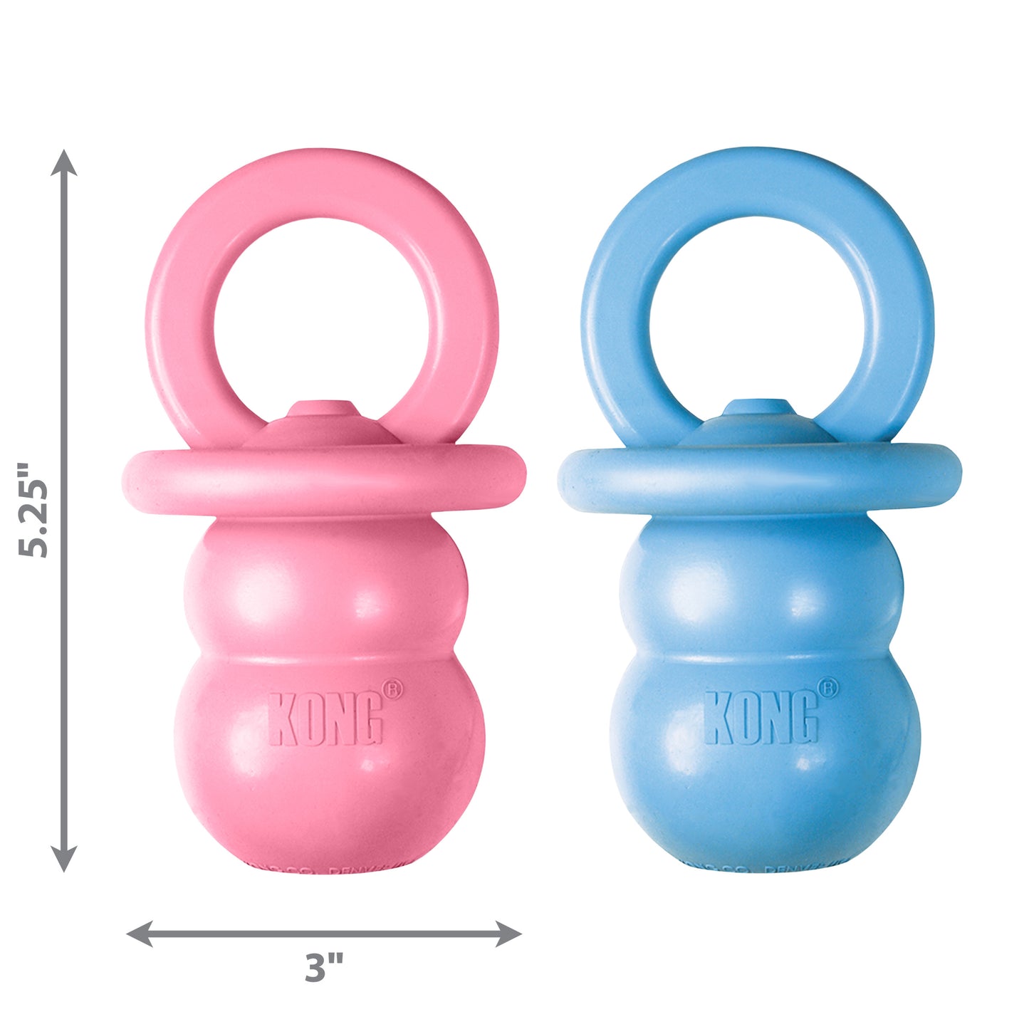 A pink and blue SALE: KONG Puppy Binkie pacifier toy with measurements. Brand Name: Your Whole Dog.