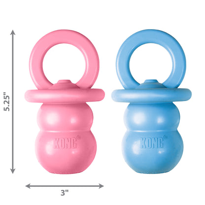 A pink and blue SALE: KONG Puppy Binkie pacifier toy with measurements. Brand Name: Your Whole Dog.