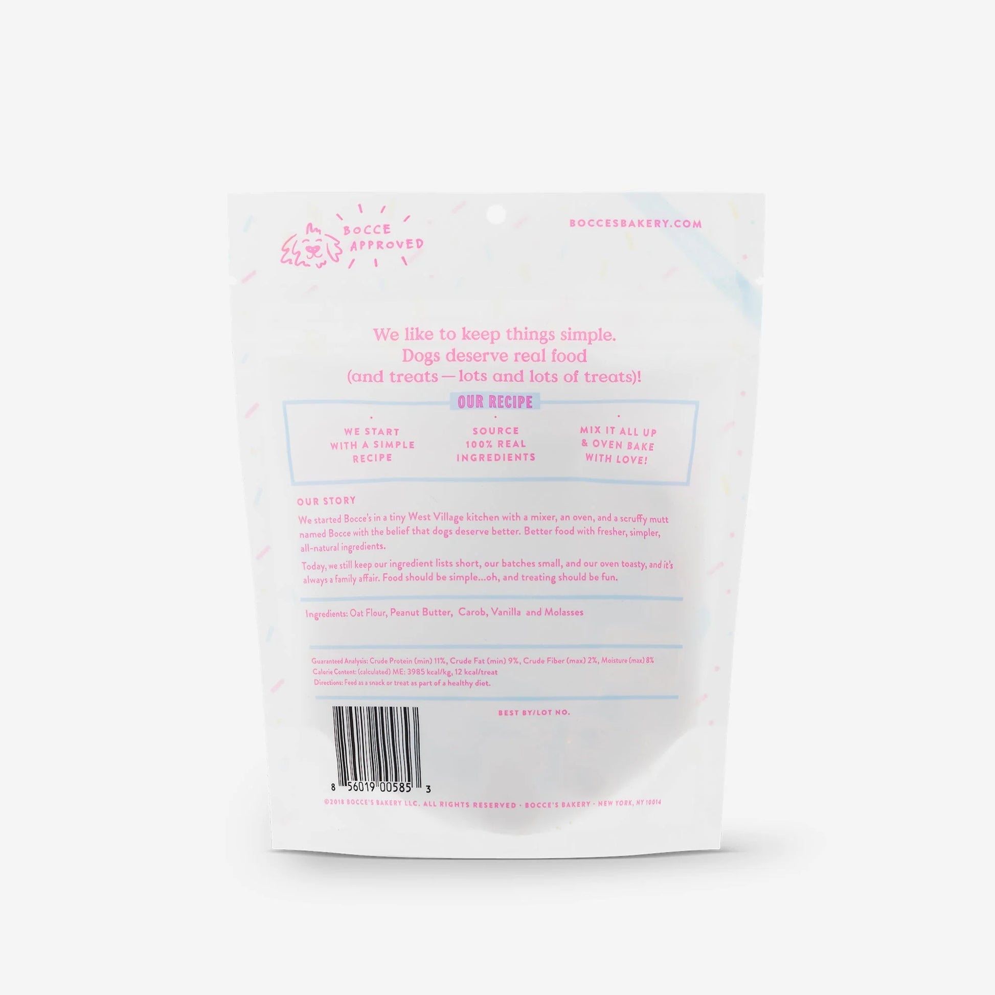 A white plastic bag with pink text, perfect for carrying Bocce's Bakery: Birthday Cake Biscuits (5oz/141g) from Your Whole Dog.