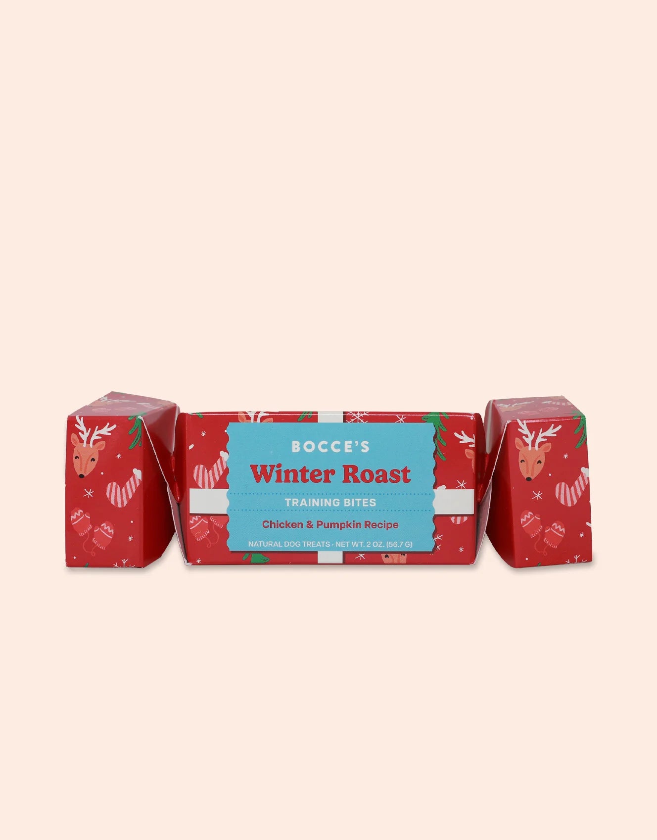 Packaged in a festive red design with white and green accents, Bocce's Bakery Winter Roast Christmas Training Bites offers a chicken and pumpkin recipe. These wheat-free treats are an ideal holiday snack for your dog.