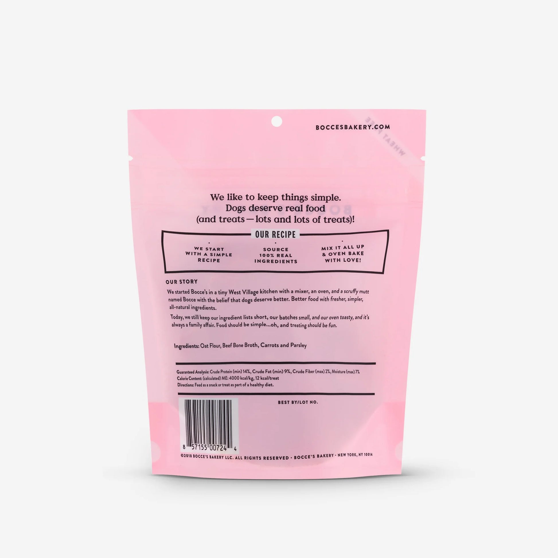 A pink bag with a label on it, containing Bocce's Bakery: Bone Broth Biscuits (5oz/141g) by Your Whole Dog.
