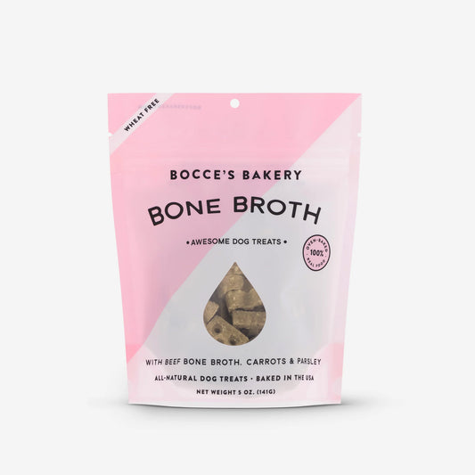 A bag of Bocce's Bakery: Bone Broth Biscuits (5oz/141g) on a white background, enriched with wholesome oats and beef broth, made by Your Whole Dog.