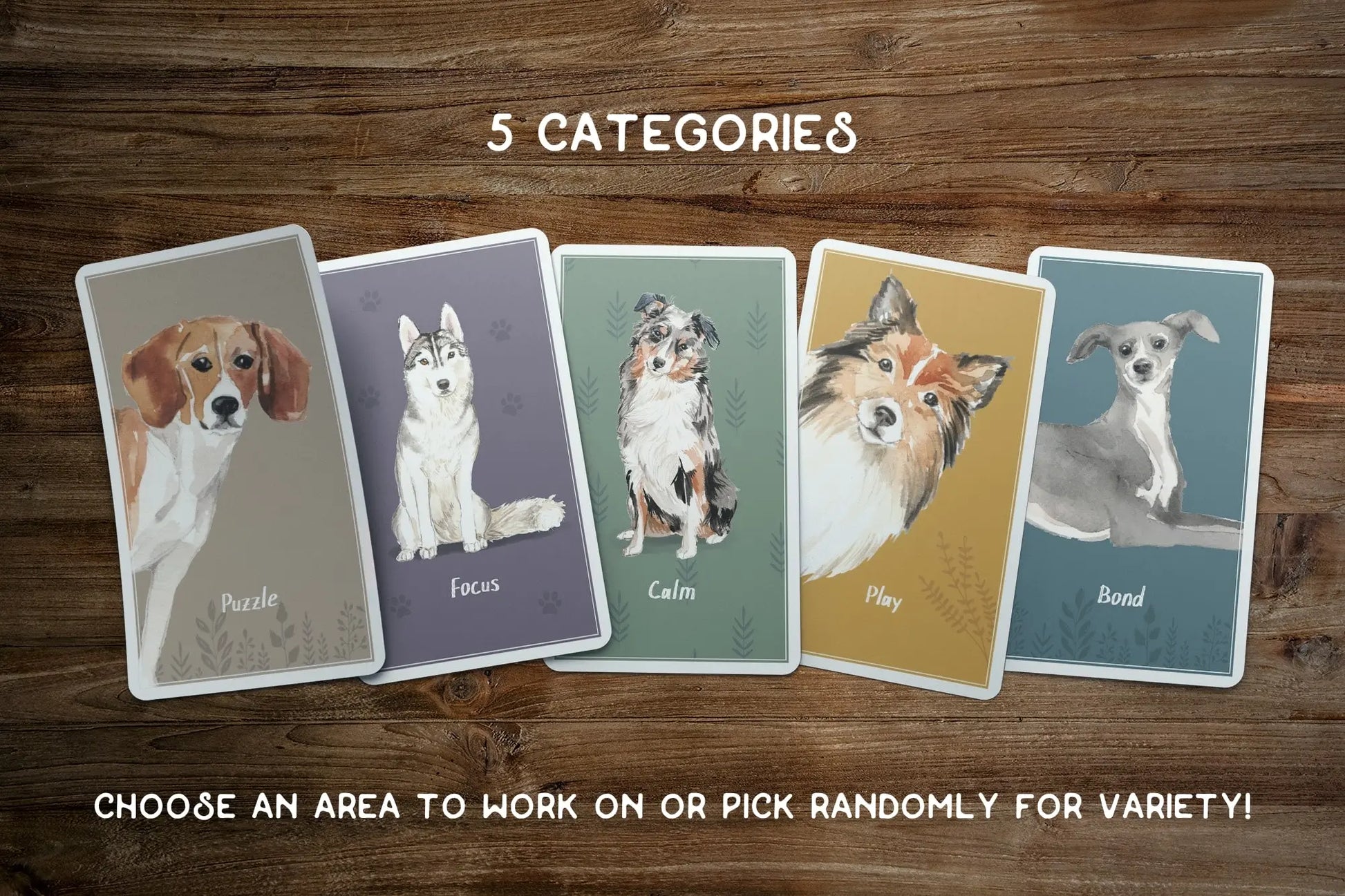 Five illustrated cards depicting dogs on a wooden surface, each labeled with categories like "DIY puzzle toys," "focus," "Calm Dog Games - Brain Games & Enrichment Activity Deck," "play," and "bond.