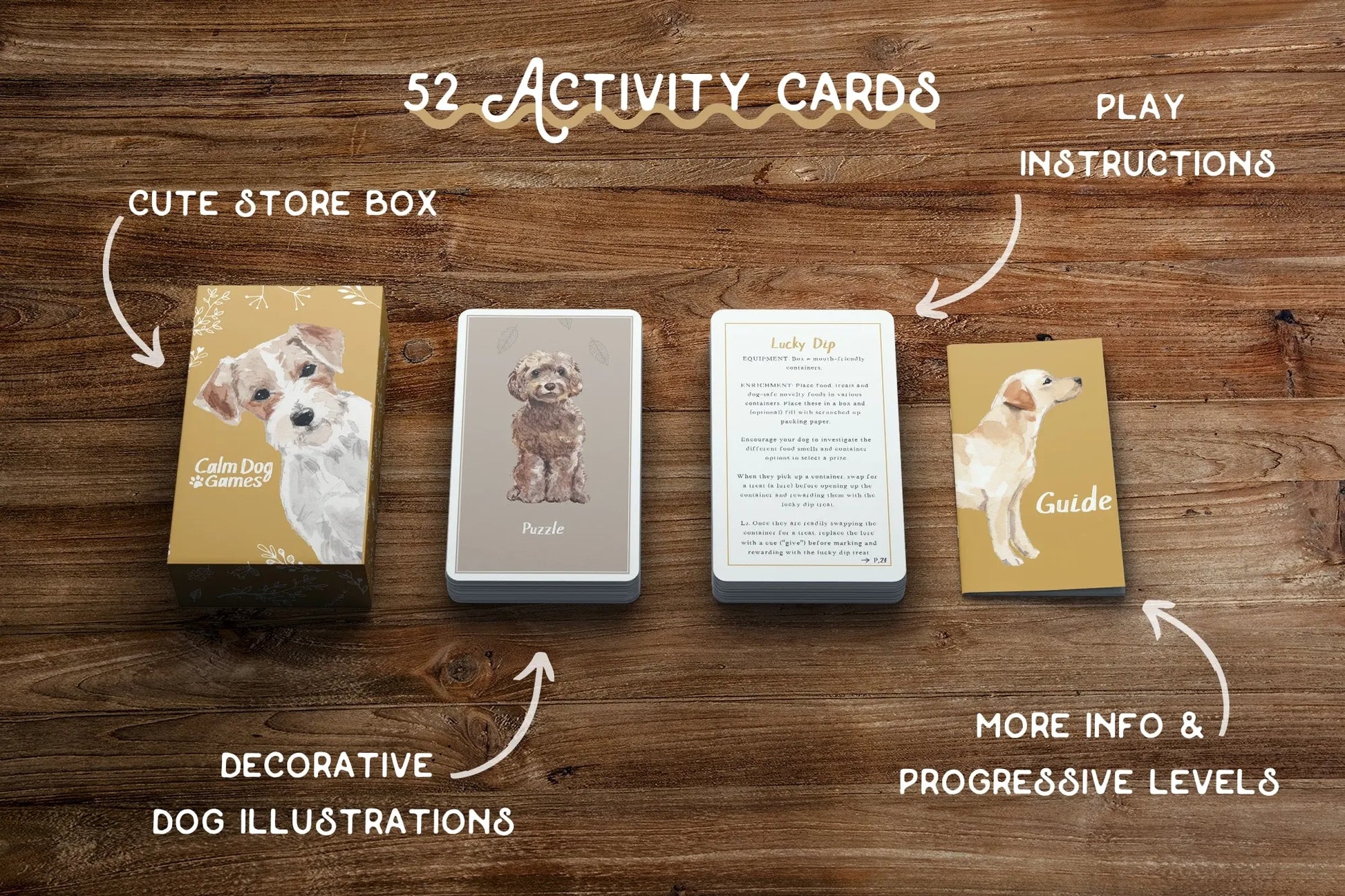 An overview of Your Whole Dog's Calm Dog Games - Brain Games & Enrichment Activity Deck set displayed on a wooden surface, including a storage box, activity cards with dog illustrations, and enrichment activities.