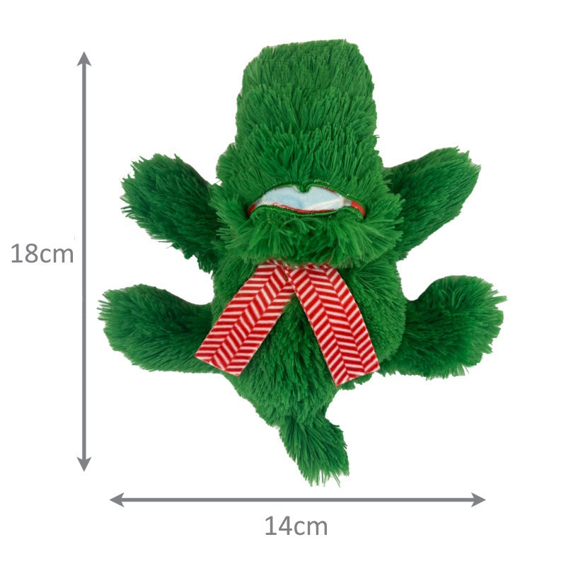 A CLEARANCE: KONG Holiday Cozie Alligator Dog Toy with a red and white ribbon, from Your Whole Dog.