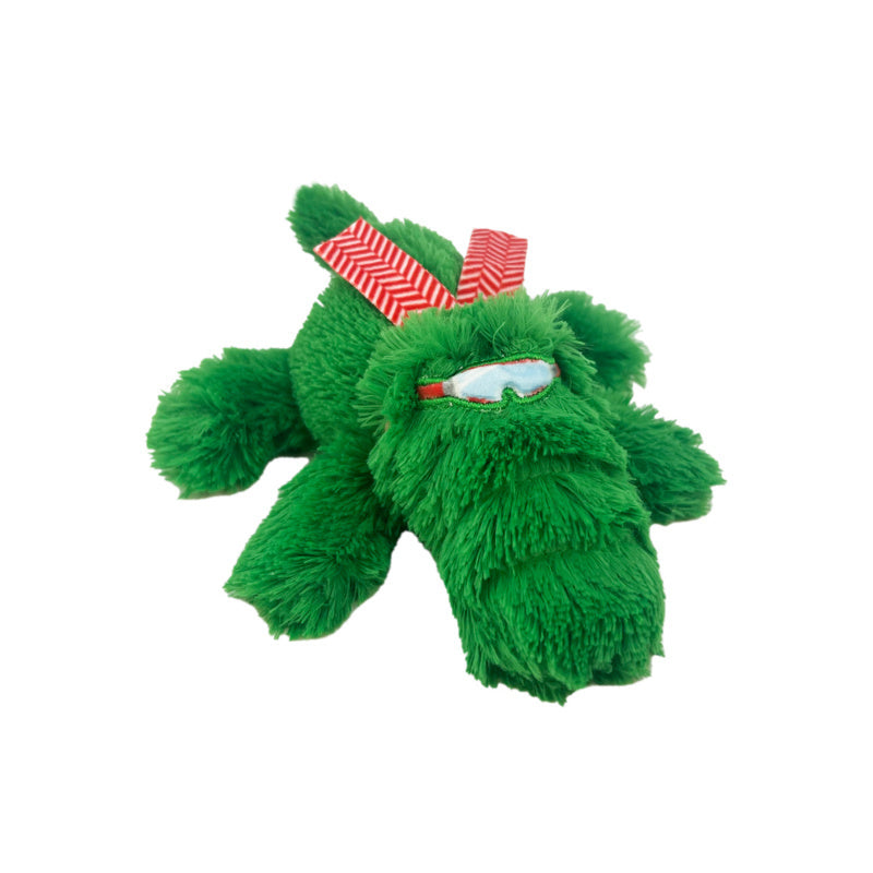 A CLEARANCE: KONG Holiday Cozie Alligator Dog Toy with goggles, perfect for snuggling, made by Your Whole Dog.