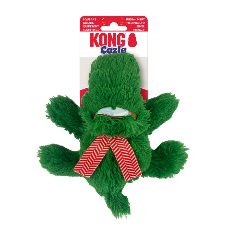 A CLEARANCE: KONG Holiday Cozie Alligator Dog Toy with a red bow, made by Your Whole Dog.