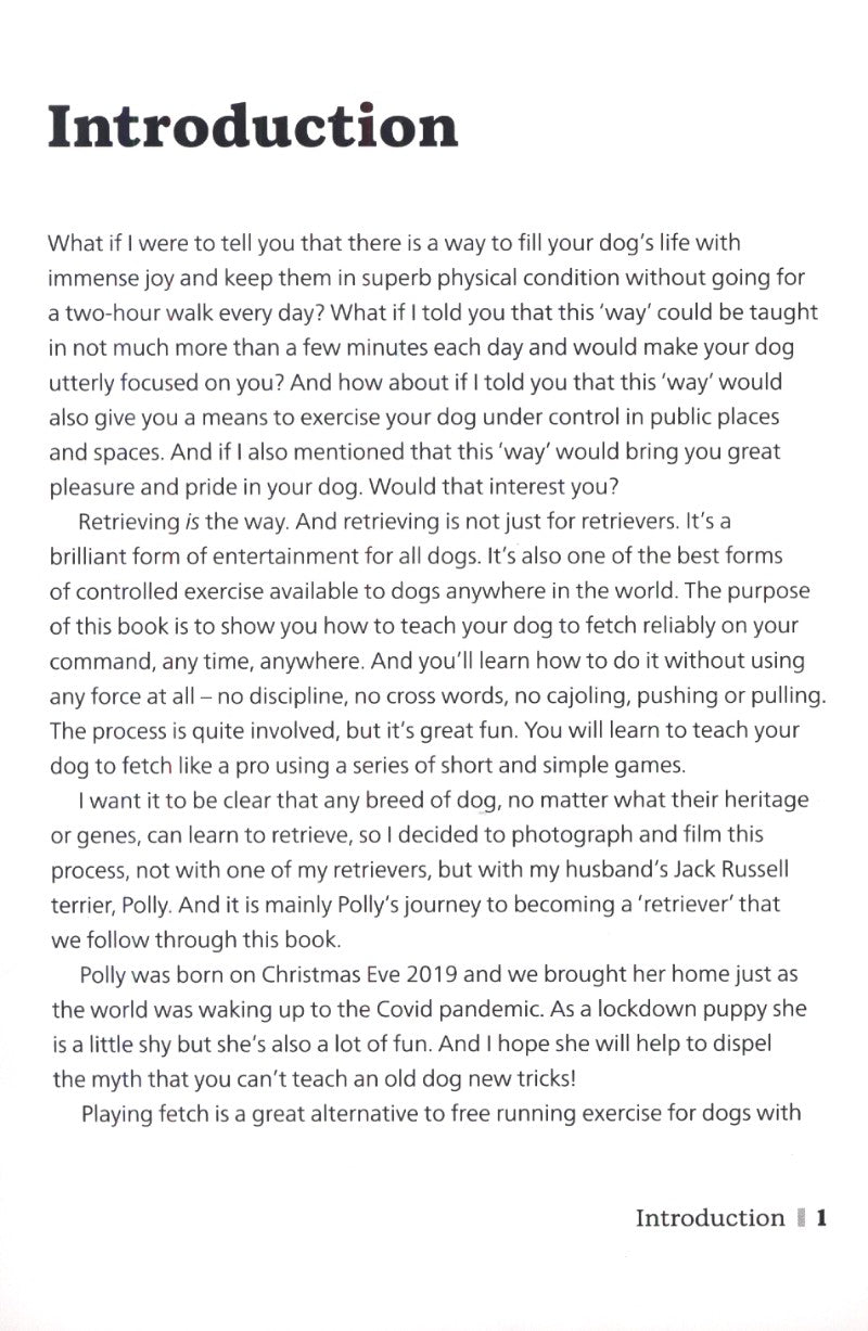 Text introduction page of a book about positive dog training methods to teach a retrieve