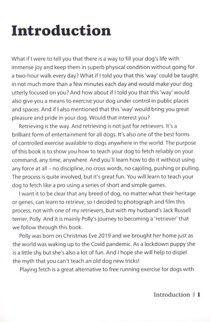 Text introduction page of a book about positive dog training methods to teach a retrieve