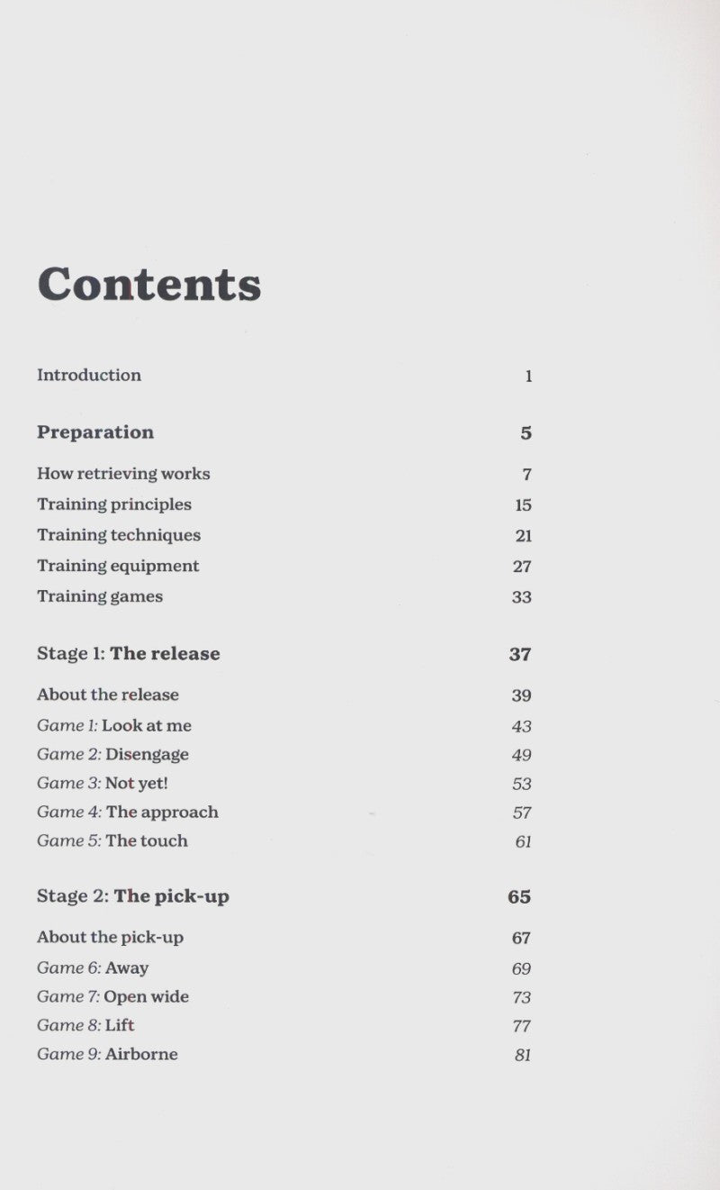 Table of contents for a book on training principles and techniques for teaching a dog to retrieve.