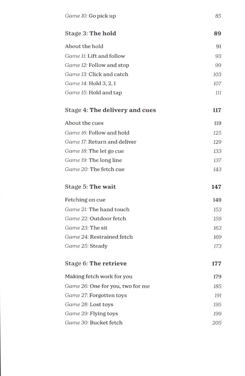 Table of contents for a book or document on dog training games with chapter titles and page numbers.