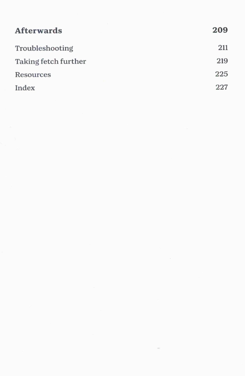 A table of contents (pages 209–227) for "Fetch: Train your Dog with Fun and Games" by Pippa Mattinson (Your Whole Dog) features "Afterwards," Troubleshooting, Taking fetch further, Resources, and Index—ideal for dog enrichment and scent work enthusiasts.